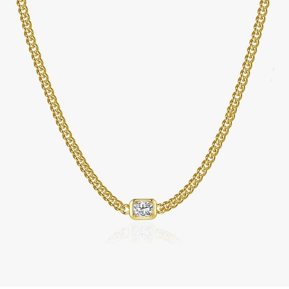 NEW 14K Gold Plated Miami Curb Chain Choker with Cubic Zirconia Charm